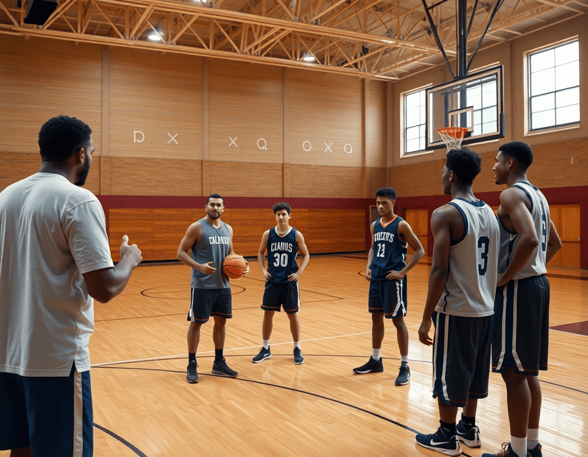 Entrenador de baloncesto explica el pick and roll baloncesto pdf a jugadores en la cancha.