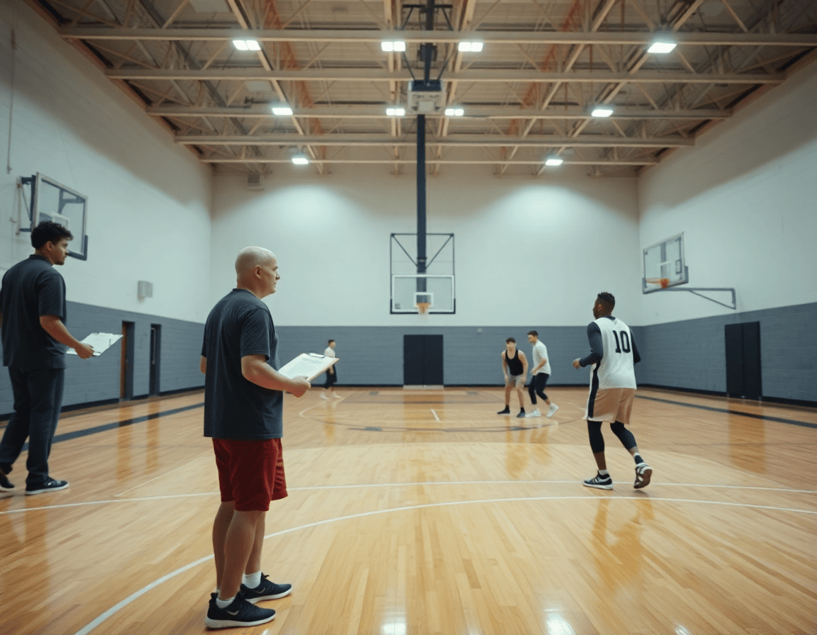 Vista amplia de baloncesto: pick and roll baloncesto pdf, entrenador dirige un entrenamiento en pista.