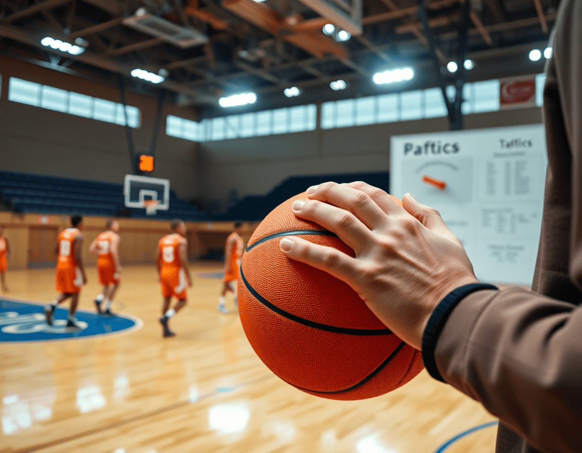 Primer plano de manos con balón de baloncesto y entrenador señalando táctica de pick and roll baloncesto.