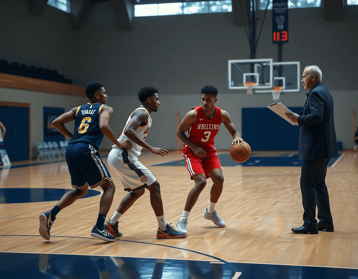 Dos jugadores ejecutan un pick and roll baloncesto cerca de la esquina, balón naranja visible.