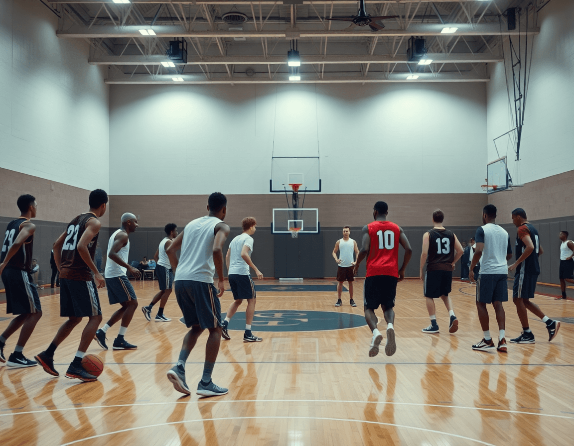 Equipo en práctica de baloncesto en pista de madera, entrenador explica pick and roll baloncesto en la pizarra.