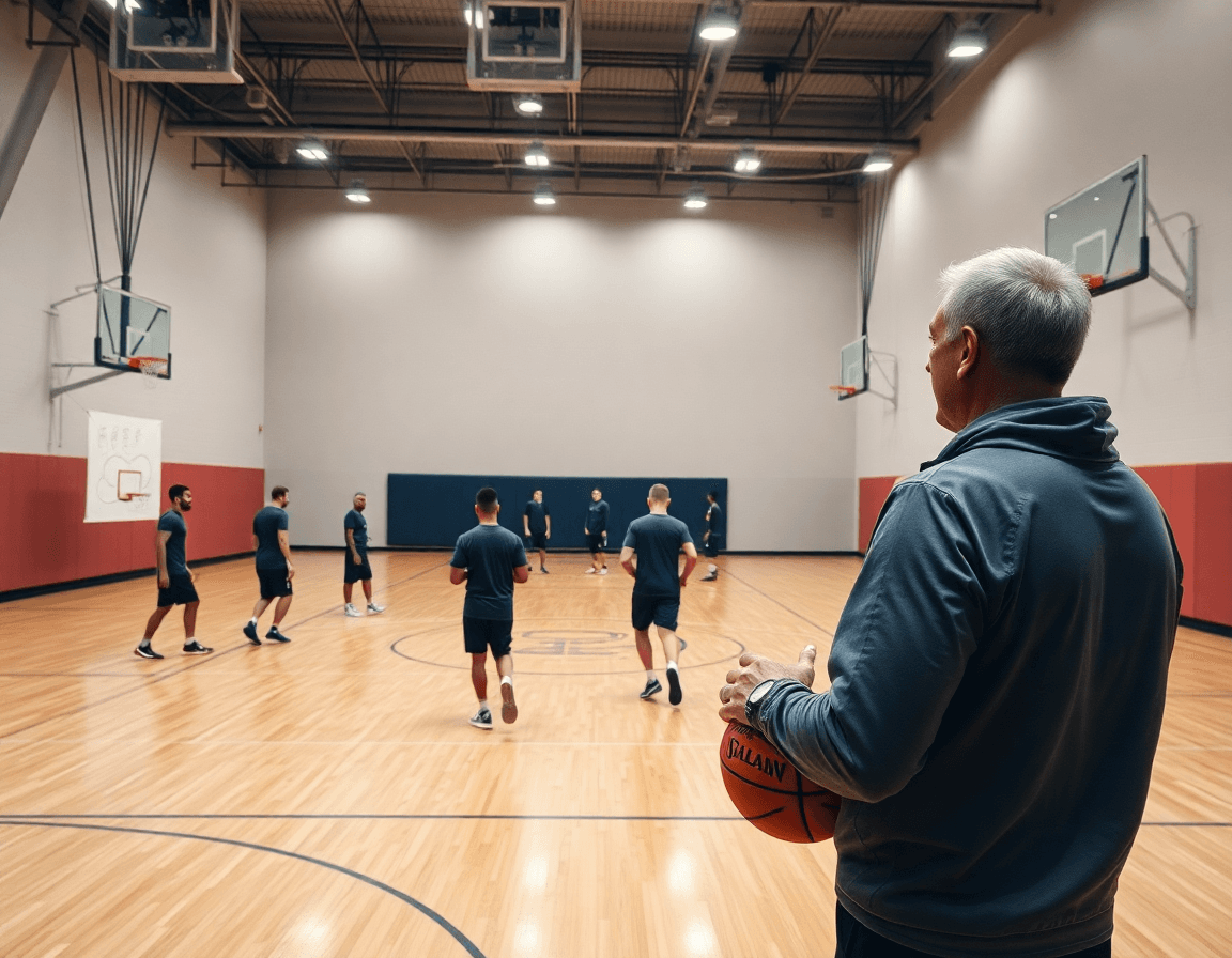 Escena amplia de baloncesto en gimnasio, entrenador dirige a un equipo en pick and roll baloncesto.