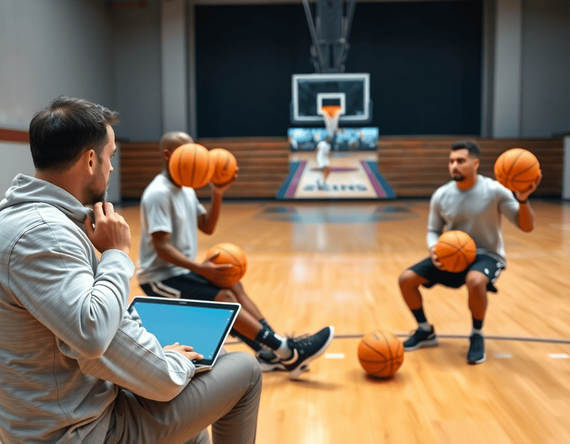Coach con laptop muestra clips de pick and roll a jugadores junto a la cancha de baloncesto.
