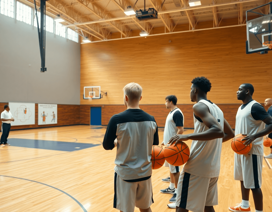Plano general de pick and roll baloncesto significado en acción durante un entrenamiento de baloncesto.