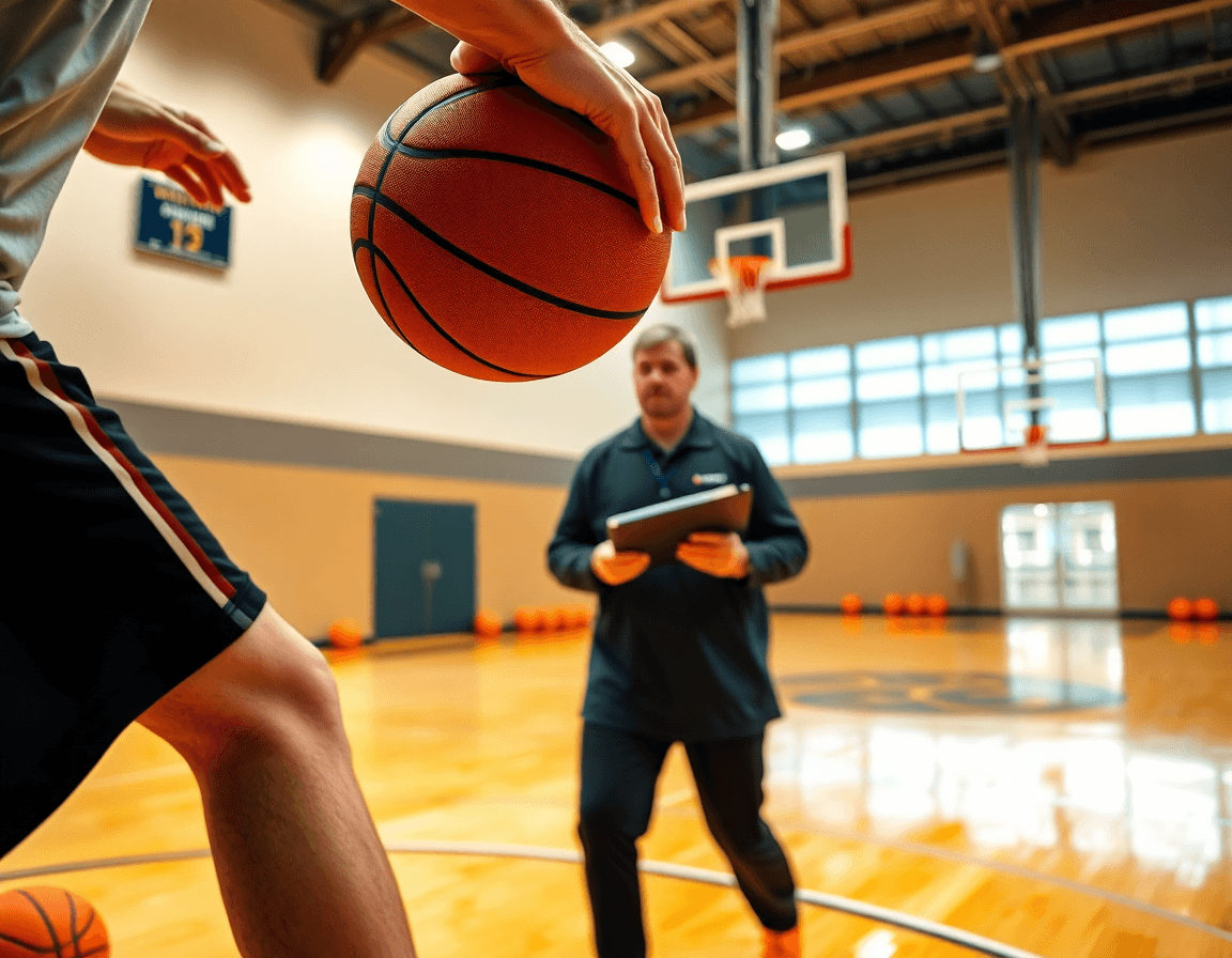 Primer plano de manos en pivote baloncesto mientras pasa el balón durante el drill.