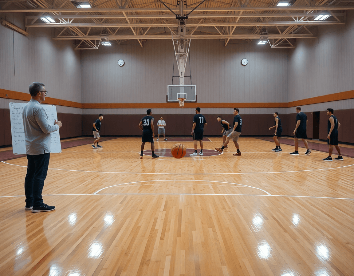 Entrenador dirige pivot baloncesto en una cancha de baloncesto interior, con jugadores concentrados.