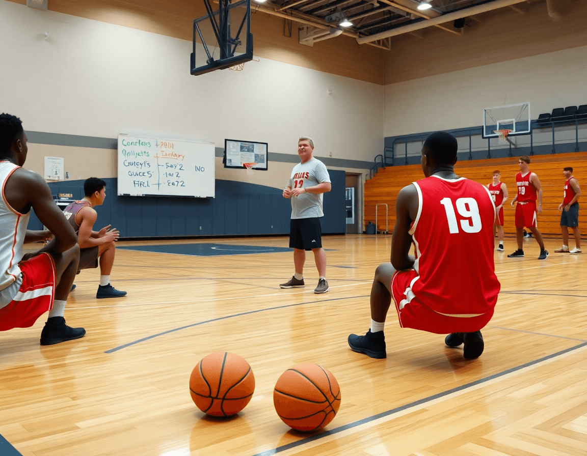 Escena de scouting en baloncesto: jugadores analizan pivot baloncesto que hace con clips en tableta y pizarra táctica.