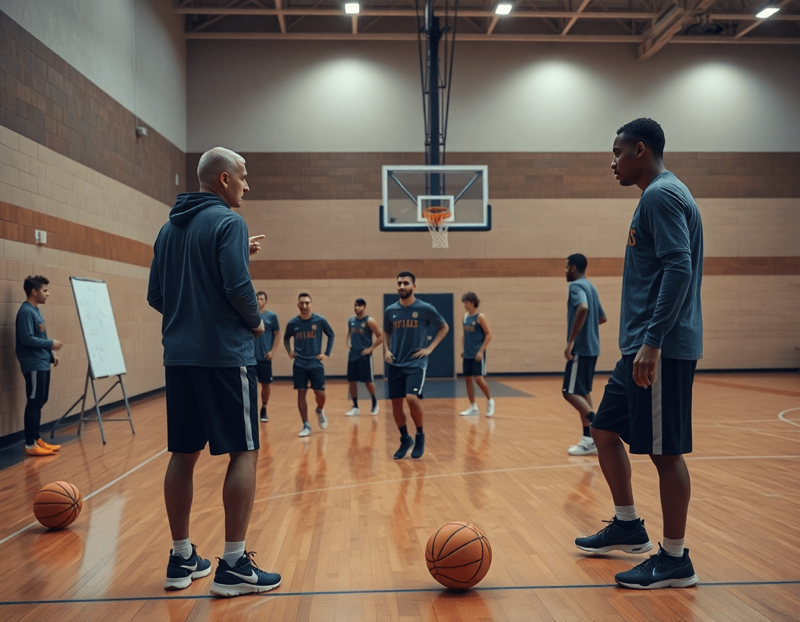 Gran escena de baloncesto en un gimnasio con entrenador y equipo practicando pivot baloncesto que hace.