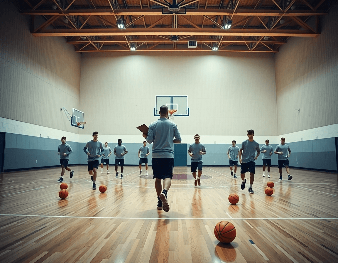 Pizarra entrenador baloncesto online en primer plano, baloncesto en acción en la cancha de baloncesto durante entrenamiento.
