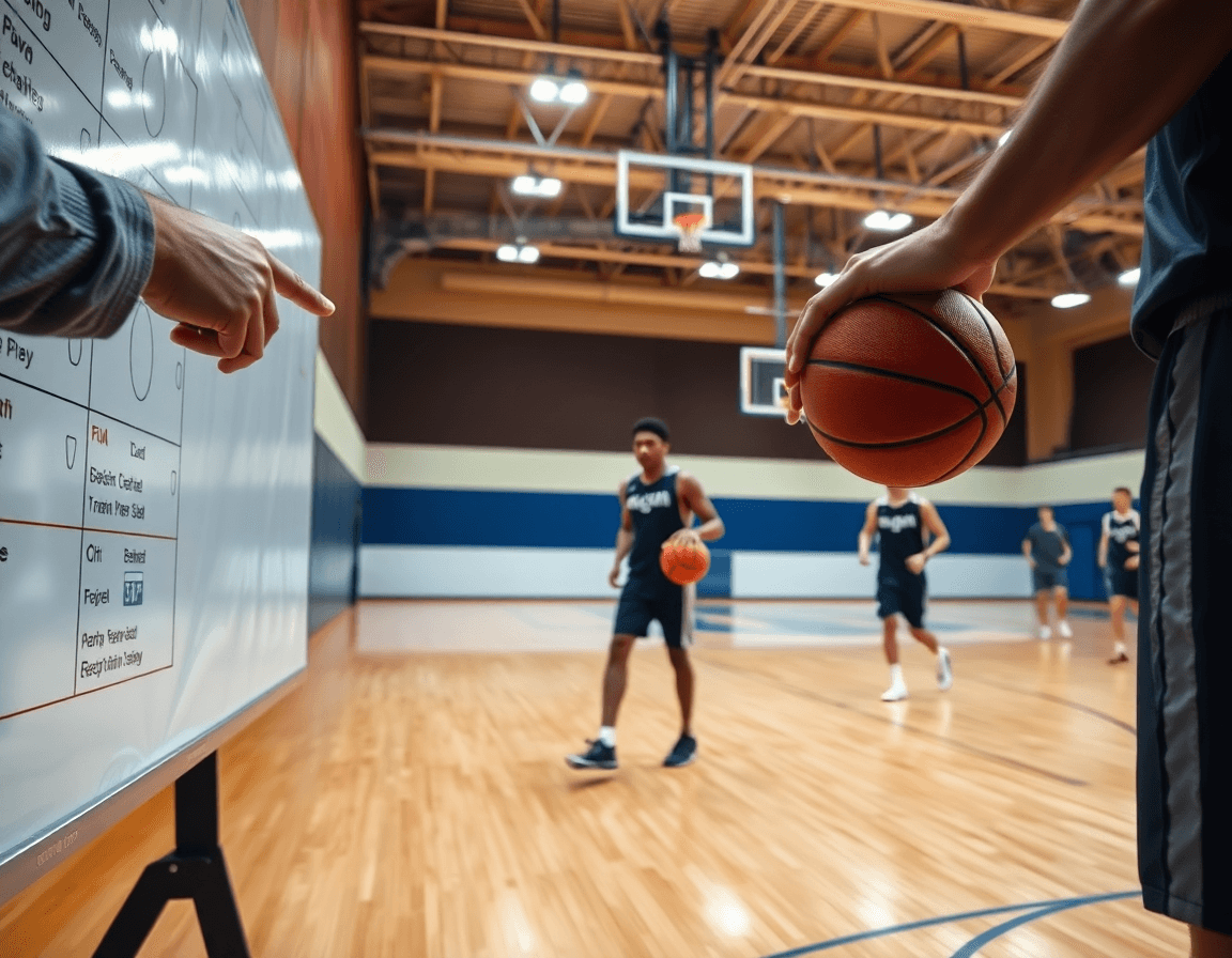 Primer plano: la pizarra tactica baloncesto app guía a un jugador durante un drill de baloncesto.