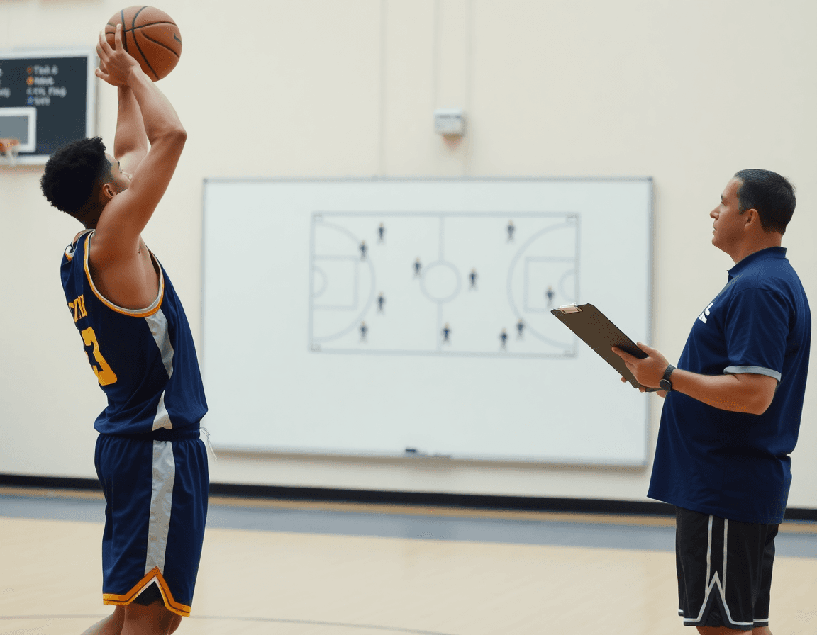 En la cancha, la pizarra tactica baloncesto app muestra la jugada mientras dos jugadores practican baloncesto.