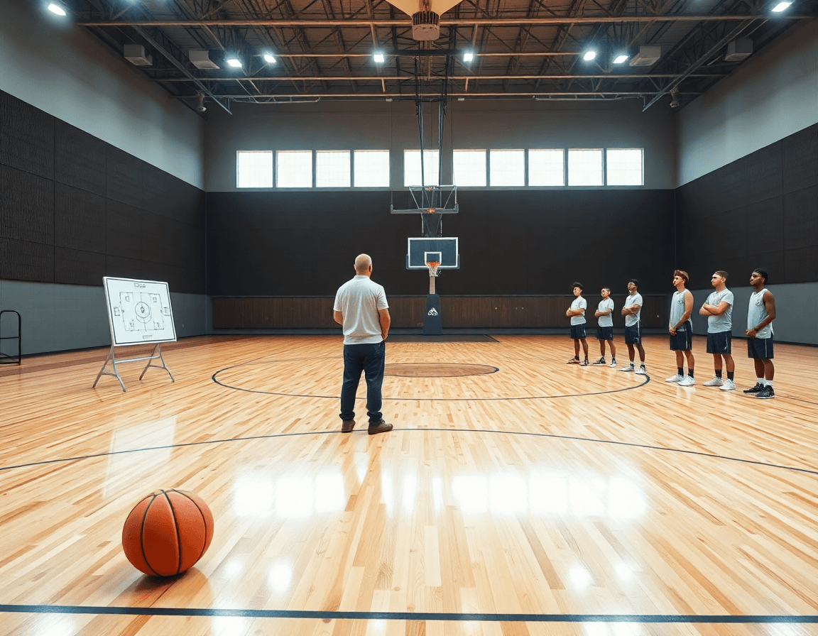 Entrenador usa la pizarra tactica baloncesto app para plan semanal rodeado de jugadores en la pista de baloncesto.