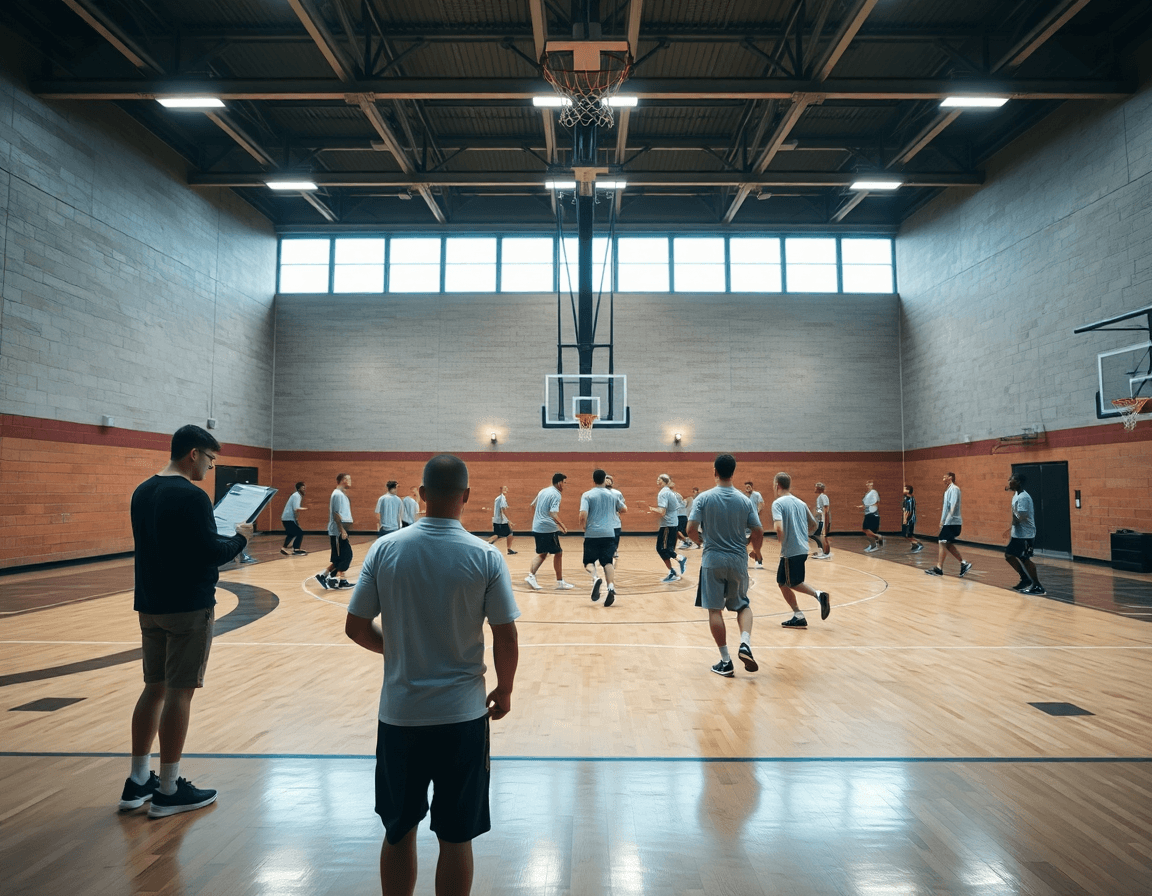 Vista amplia: entrenador señala la pizarra tactica baloncesto mientras el equipo practica.