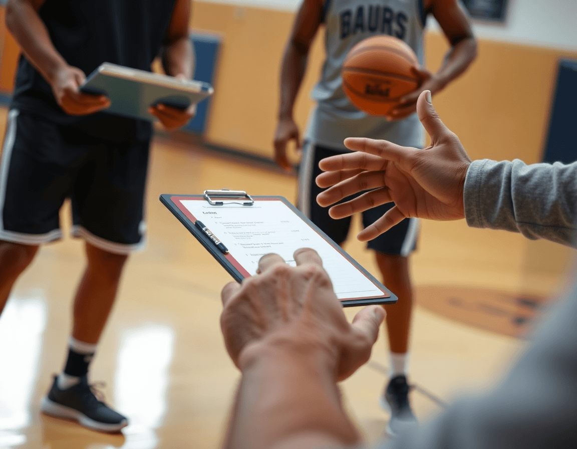 Primer plano de manos en un drill de baloncesto, con la pizarra táctica baloncesto para pc gratis.