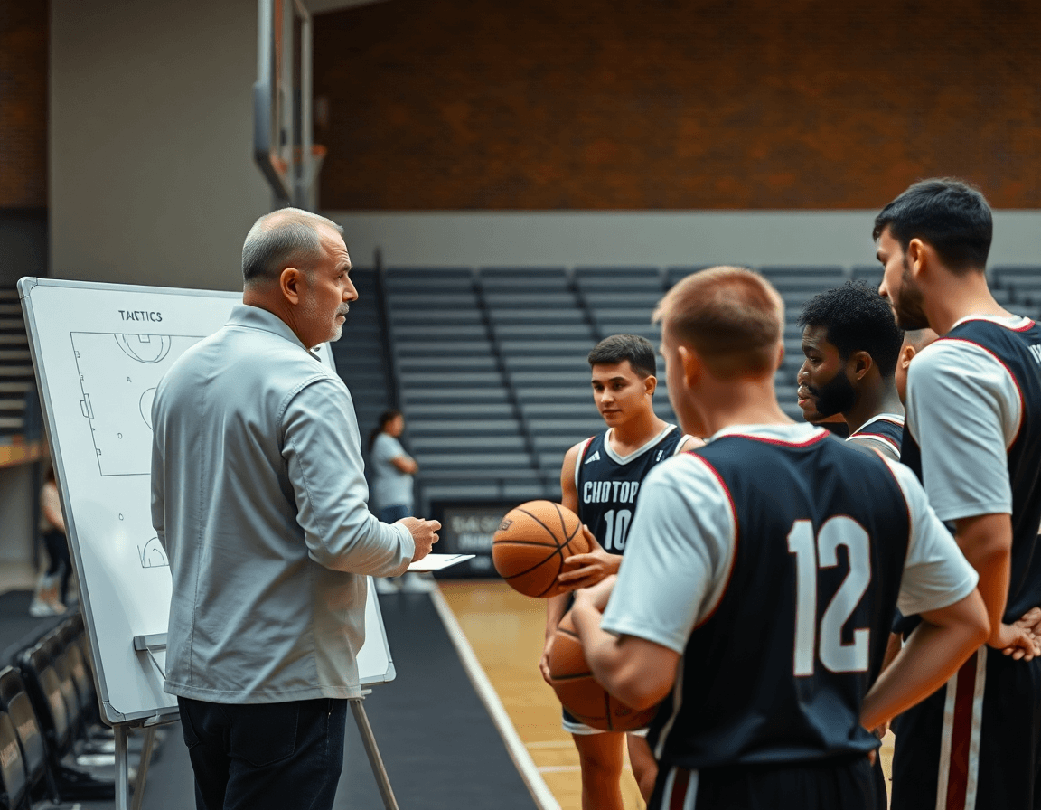 Entrenador señala la pizarra táctica baloncesto para pc gratis mientras los jugadores sostienen balón.