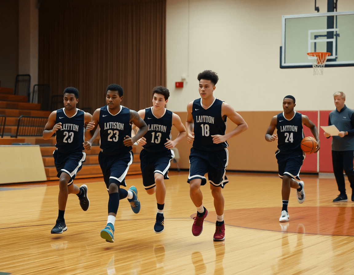 Cinco jugadores corren un drill rápido, entrenador observa y usa la pizarra táctica baloncesto para pc gratis.