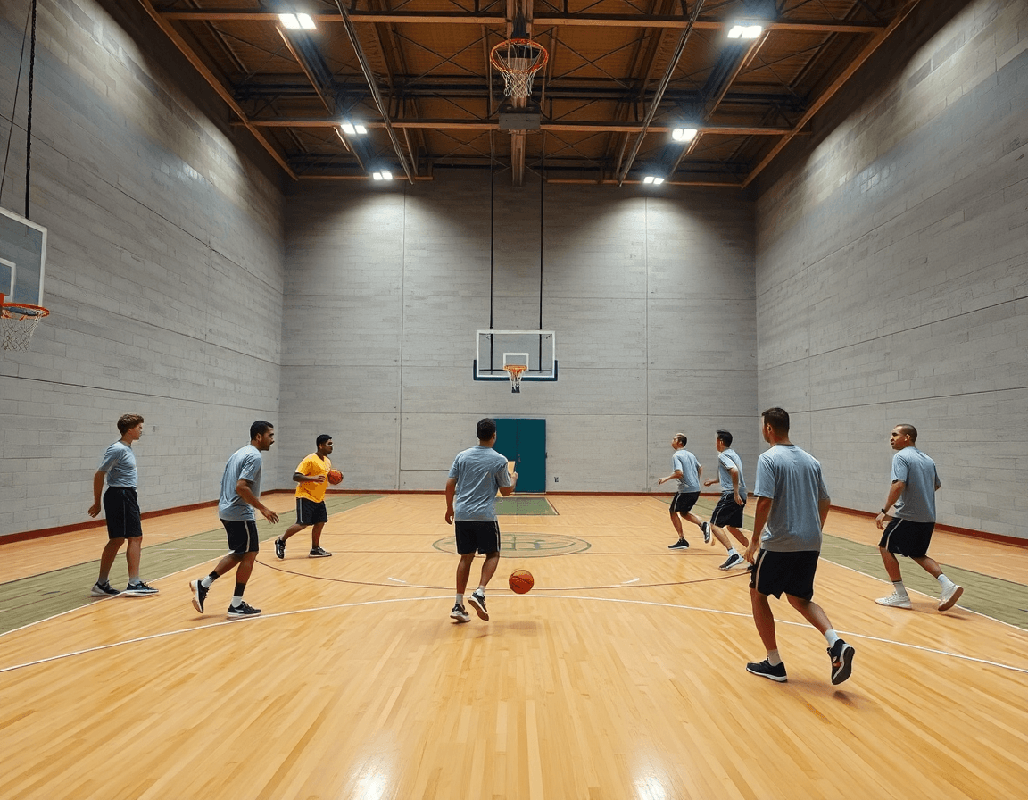 Vista amplia de un gimnasio de baloncesto con el entrenador y la pizarra táctica baloncesto para pc gratis