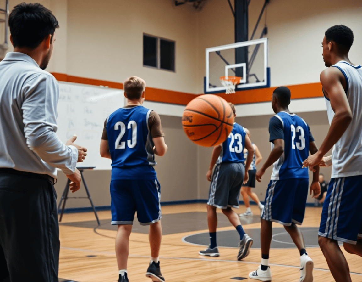 Pizarra tactica baloncesto personalizada detallando jugadas durante un ejercicio de baloncesto para el entrenamiento.