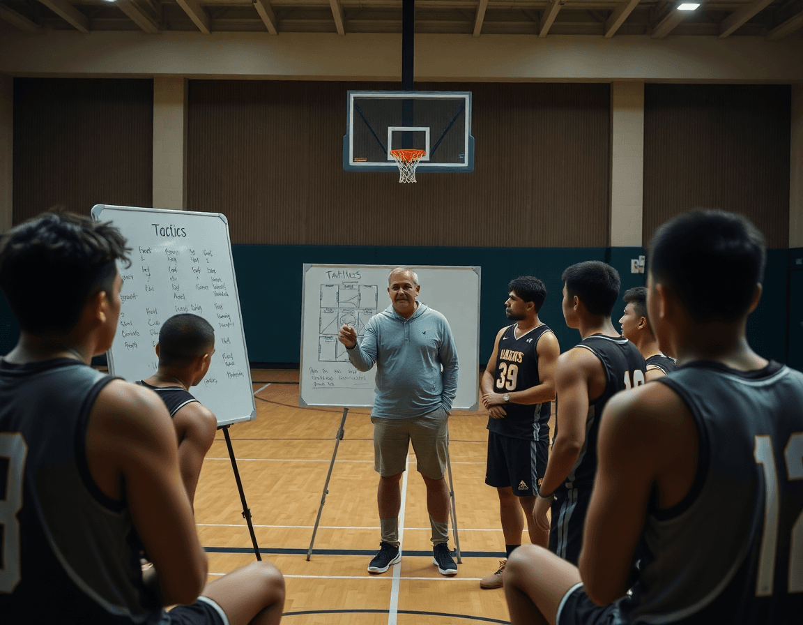 Pizarra tactica baloncesto personalizada en primer plano con entrenador y jugadores observando.