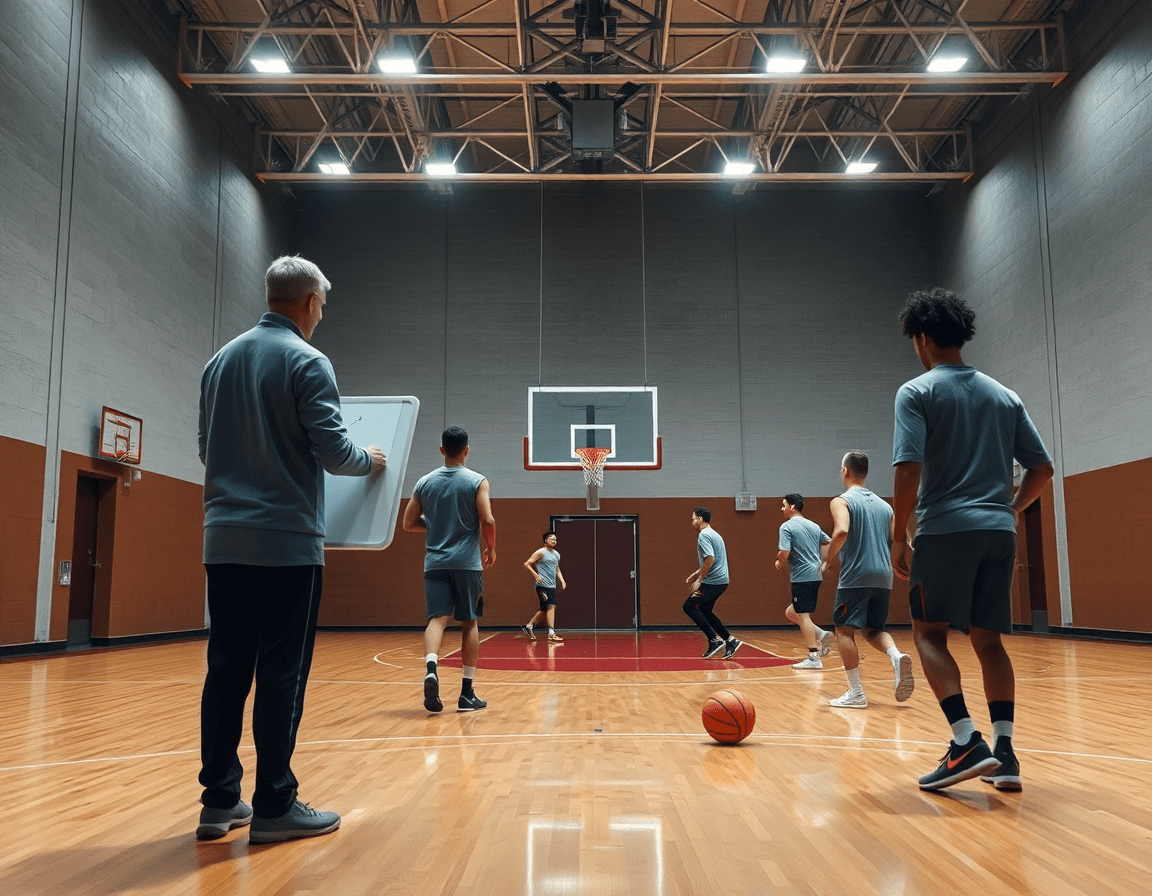 Pizarra tactica baloncesto personalizada en escena amplia de entrenamiento de baloncesto con entrenador y equipo.