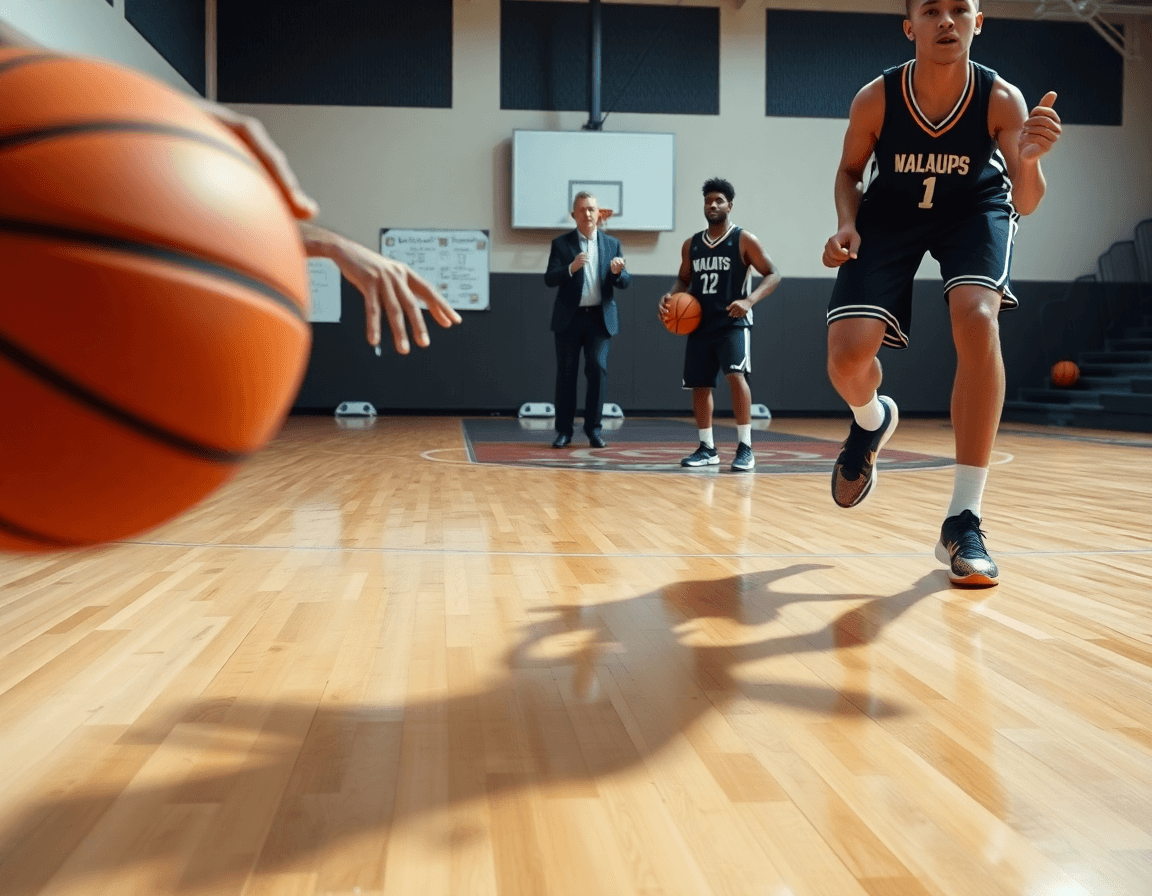 Primer plano de manos con una pelota naranja, mostrando la pizarra tactica baloncesto pro apk.