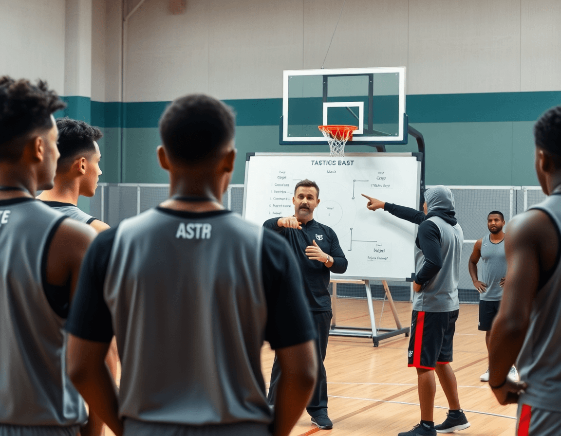 Entrenador señala la pizarra tactica baloncesto pro apk mientras jugadores ejecutan una defensa en la cancha.