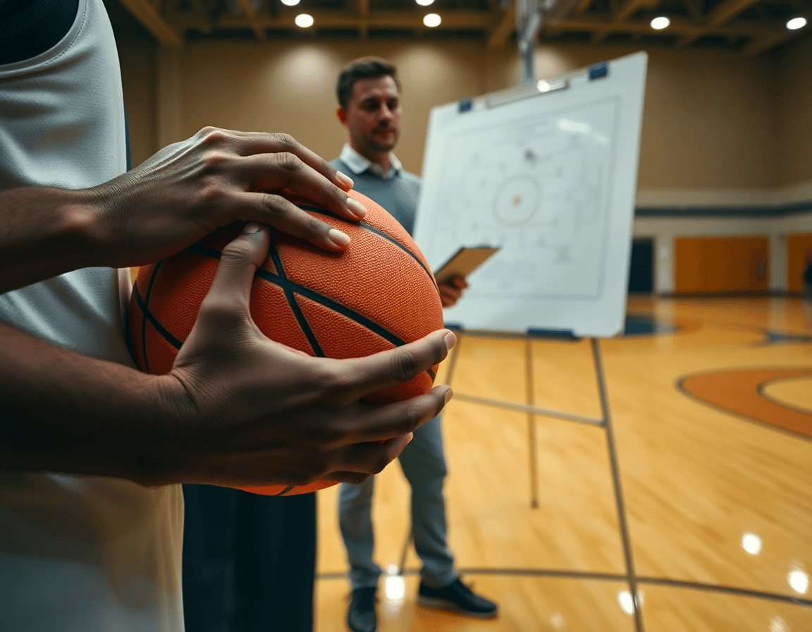 Primer plano de manos sujetando una pelota naranja mientras el entrenador revisa la pizarra tactica baloncesto pro apk.