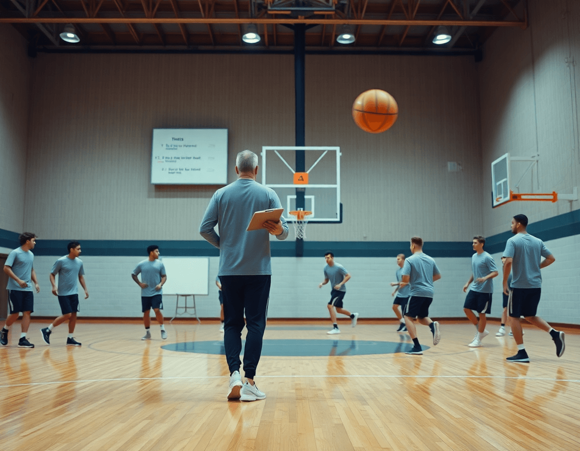 Una toma amplia de baloncesto en un gimnasio, destacando la pizarra tactica baloncesto pro apk junto al entrenador.