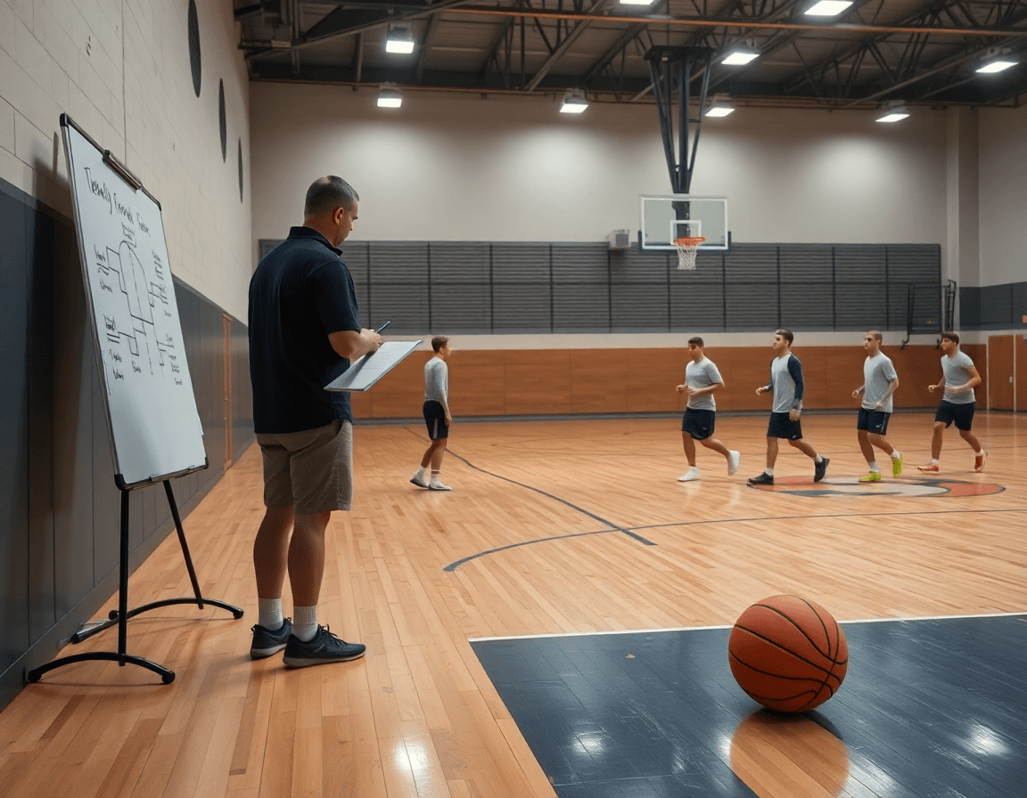 Un entrenador presenta el plan de entrenamiento baloncesto infantil en un gimnasio, junto a la pizarra.