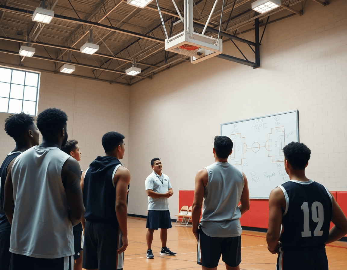 En el plan de entrenamiento baloncesto infantil, el entrenador dibuja jugadas en la pizarra.