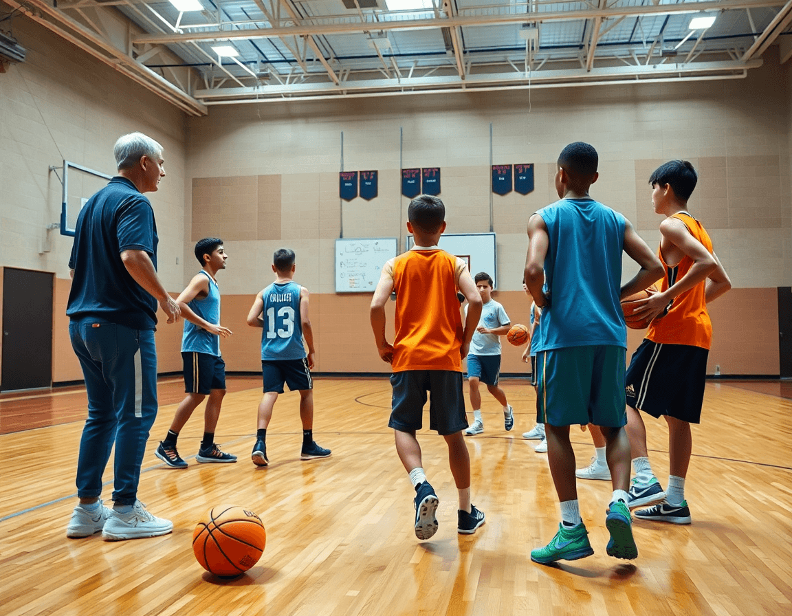 Plano cercano de entrenamiento baloncesto infantil con entrenador dirigiendo un drill y balón naranja.