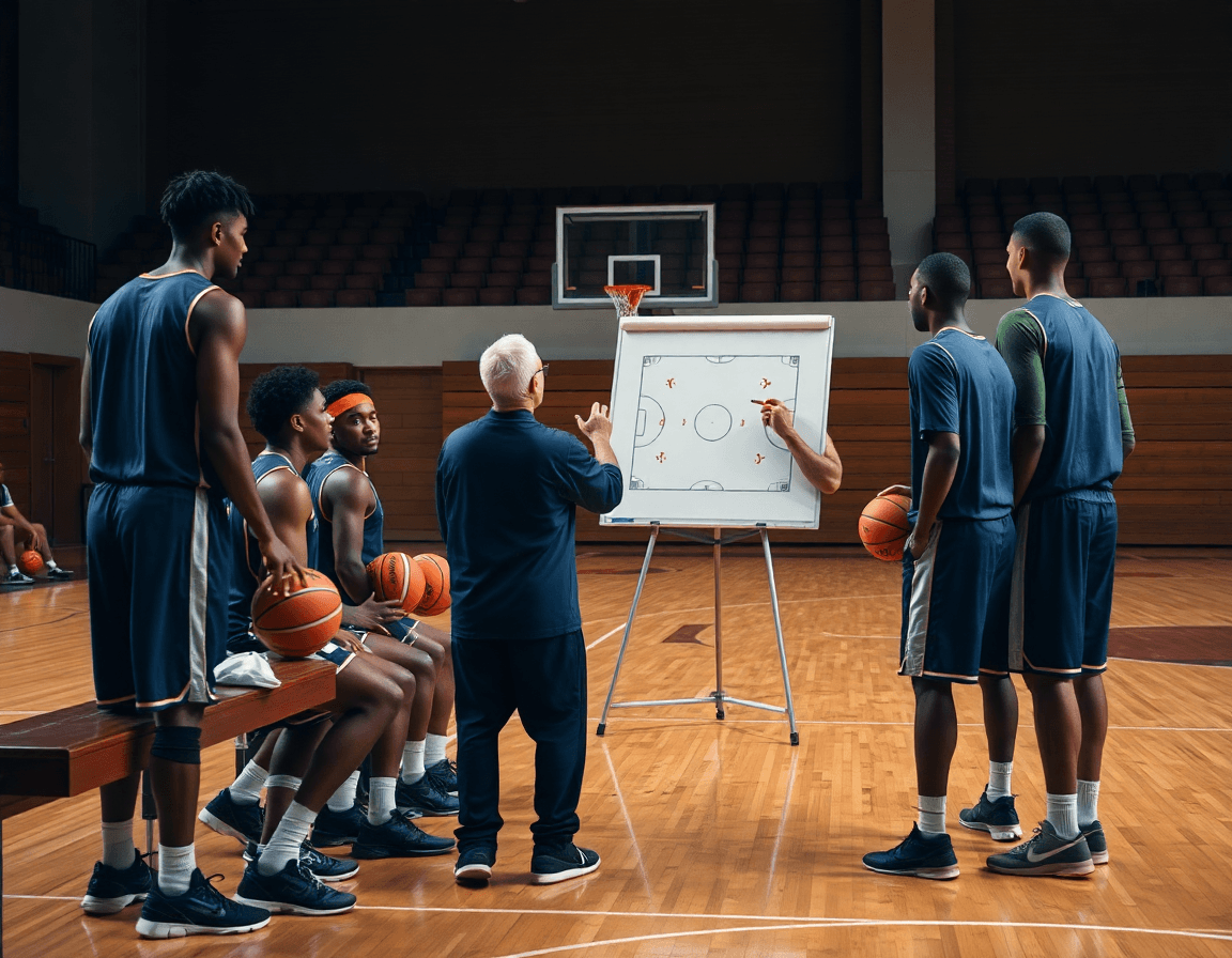 Plano táctico de entrenamiento baloncesto infantil con entrenador y pizarrón blanco mientras jugadores observan.