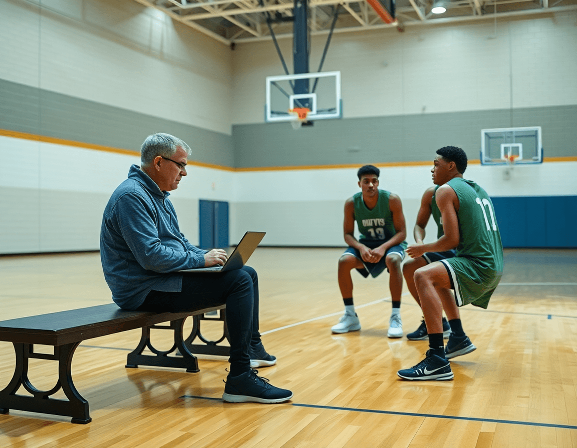 Escena de entrenamiento baloncesto infantil: entrenador revisa clips en ordenador junto a la cancha.