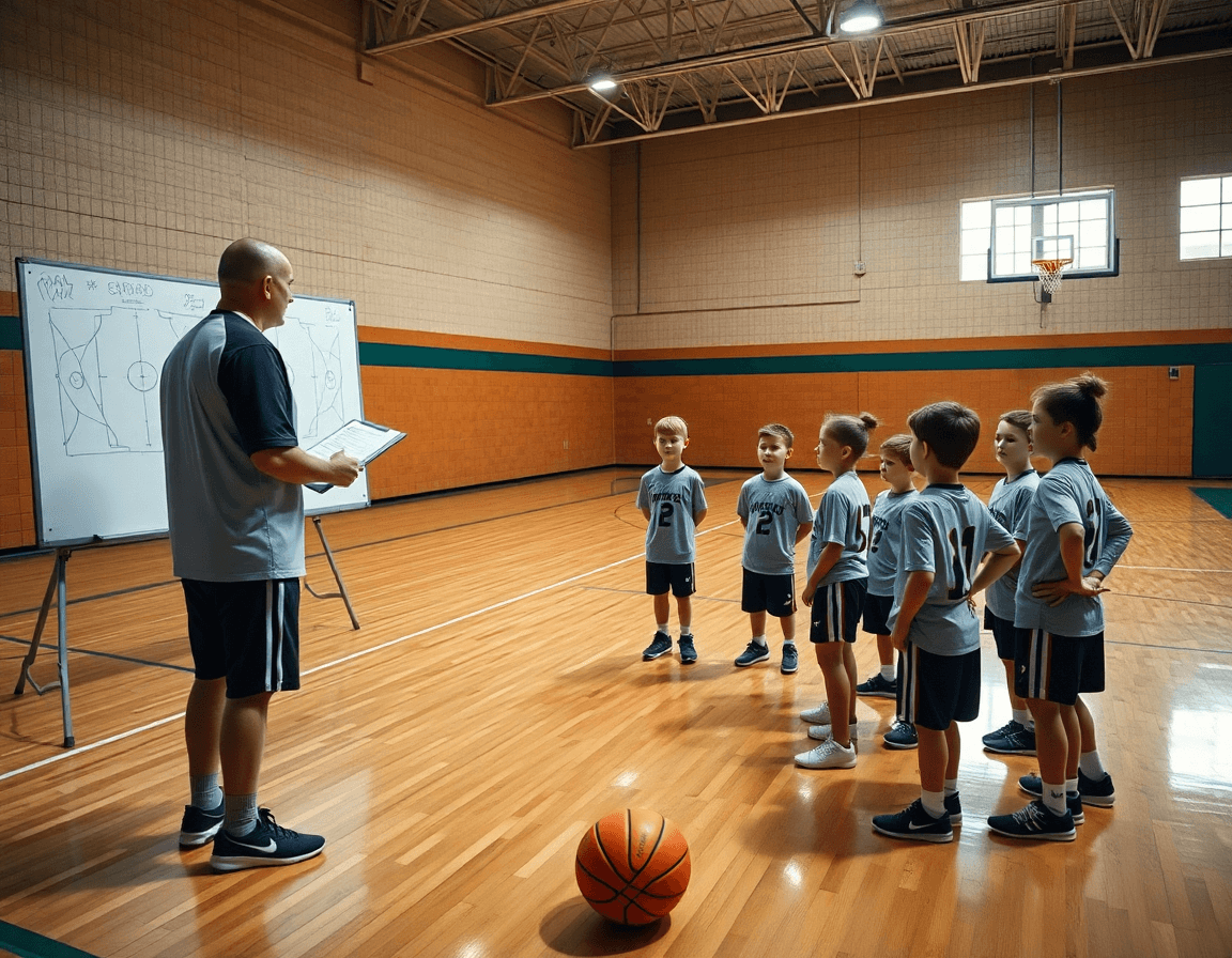Vista amplia de entrenamiento baloncesto infantil en gimnasio, entrenador con pizarrón y balón naranja.