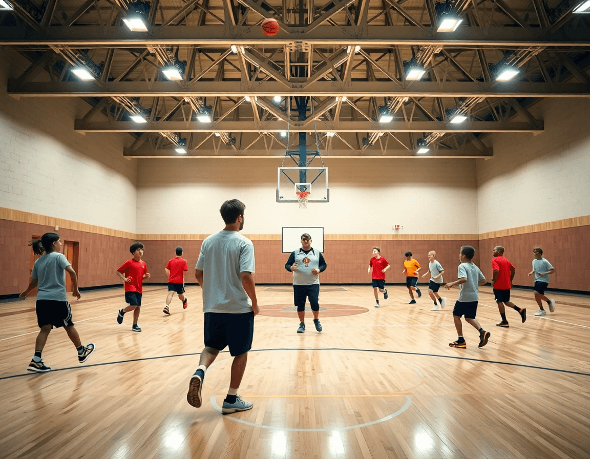 Un entrenador dirige a un equipo infantil de baloncesto mientras se planifica el plan de entrenamiento baloncesto infantil.