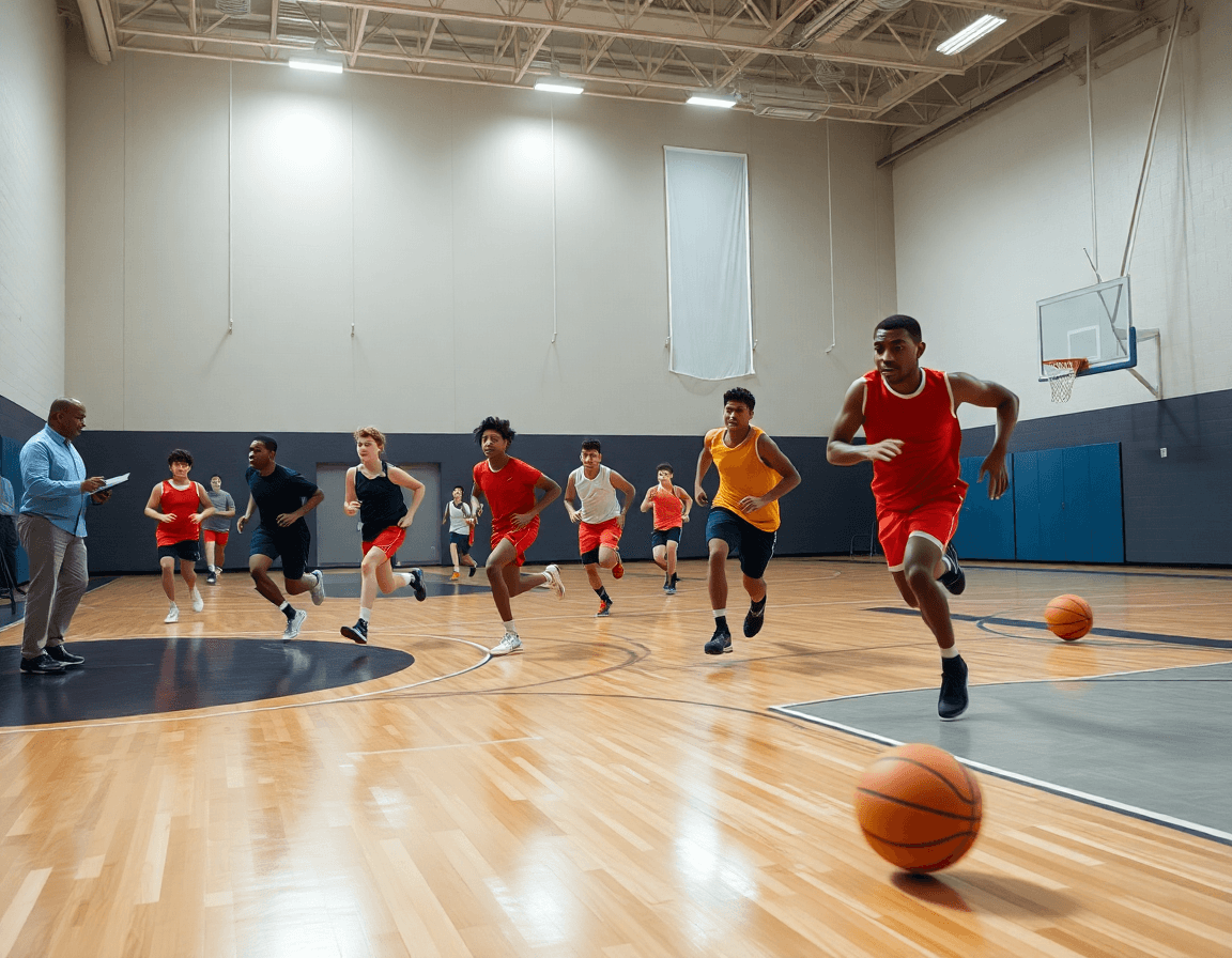 Acción de juego real en el plan de entrenamiento de baloncesto para niños, con jugadores corriendo.