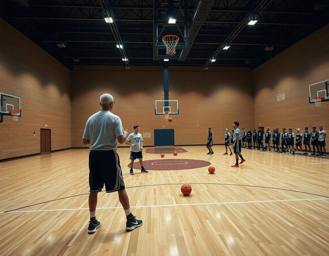 Baloncesto base, drill en progreso en cancha de baloncesto con entrenador y balón naranja.