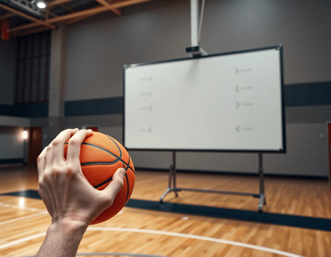 Baloncesto base, primer plano de manos y balón junto a pizarra táctica en gimnasio.