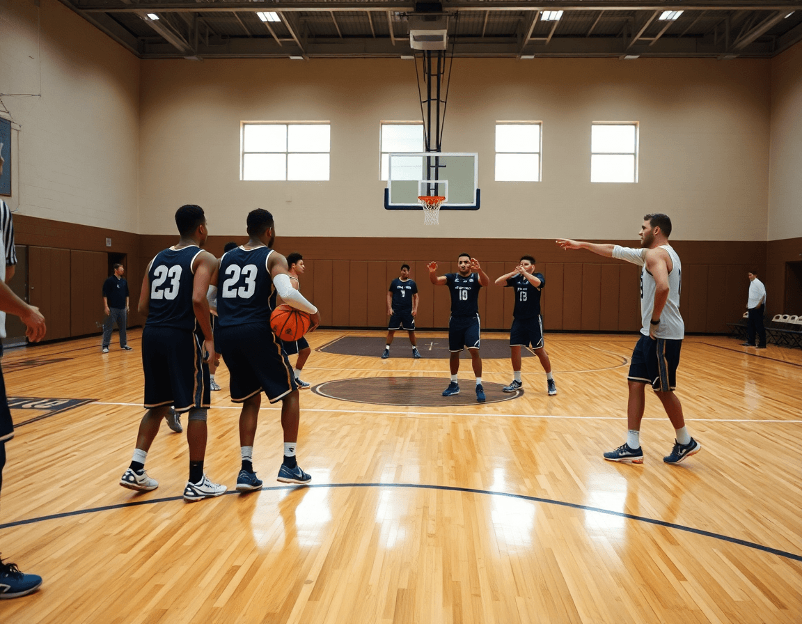 Baloncesto base, jugadores ejecutan una jugada en la cancha mientras el entrenador señala desde la banda.