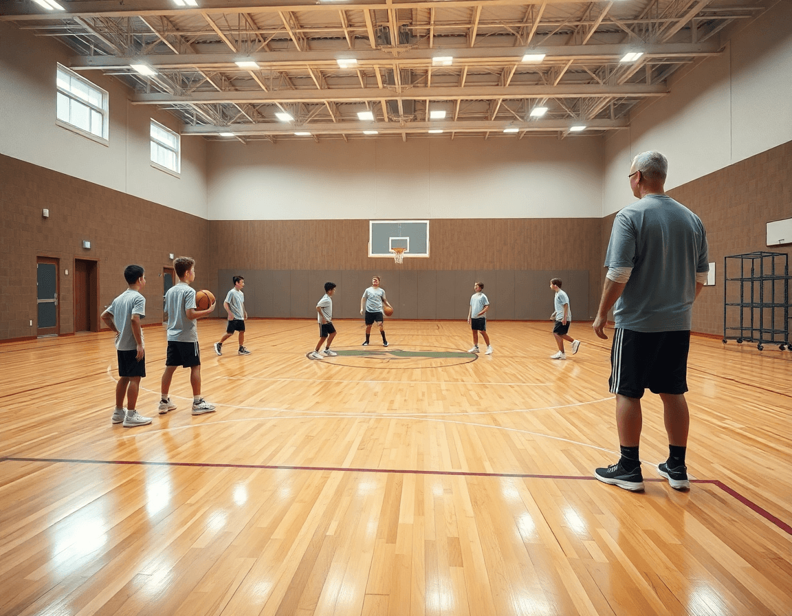 Baloncesto base: escena amplia en gimnasio, entrenador con tablero guía a un equipo durante práctica de baloncesto base.