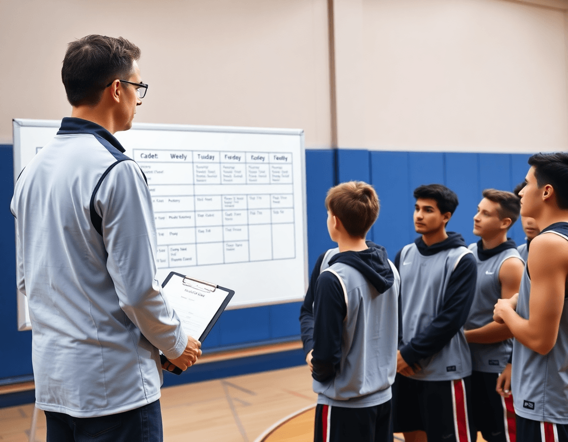 El baloncesto cadete se prepara con plan semanal mientras el entrenador consulta la pizarra.