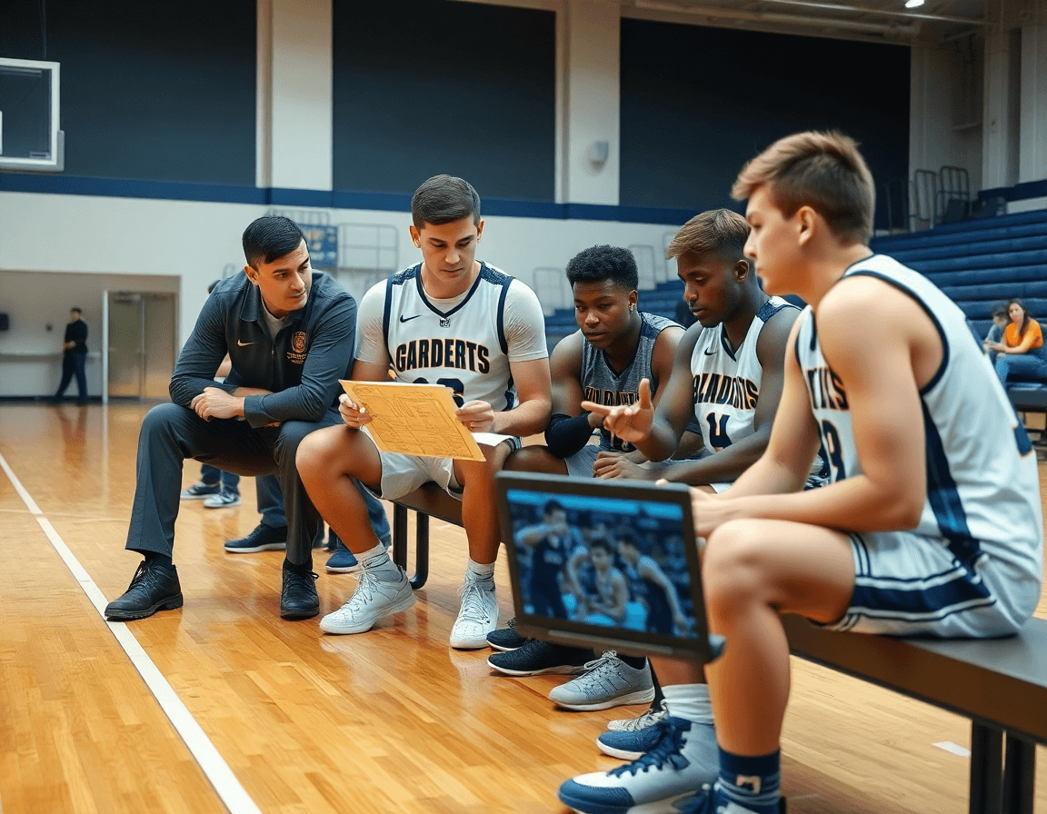 Jugadores de baloncesto cadete revisando clips en tablet mientras el entrenador señala.