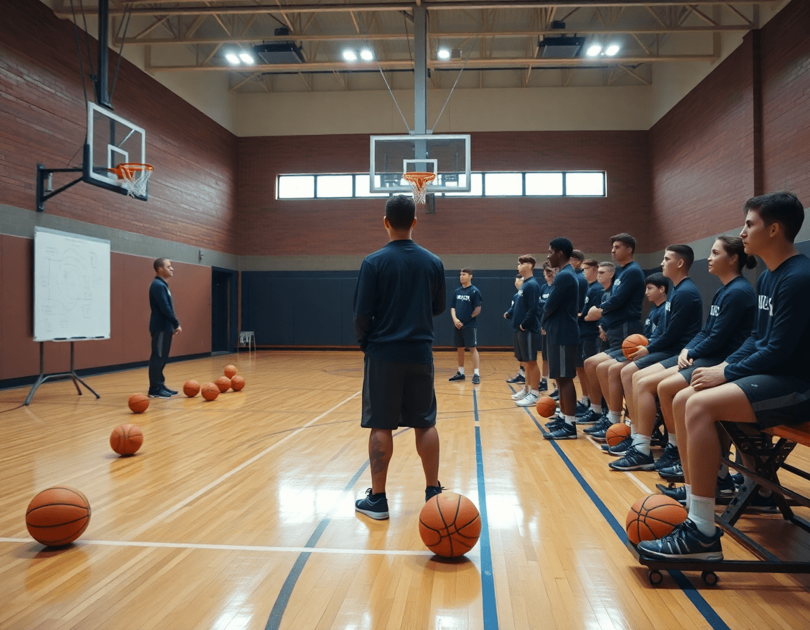Plano amplio de baloncesto cadete en un gimnasio, entrenador, jugadores y pizarra táctica.
