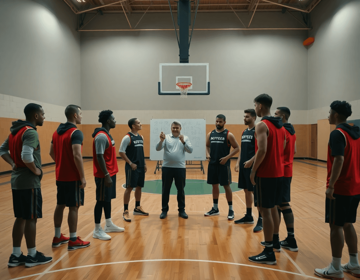 El entrenador baloncesto explica una jugada en la pizarra frente a los jugadores.