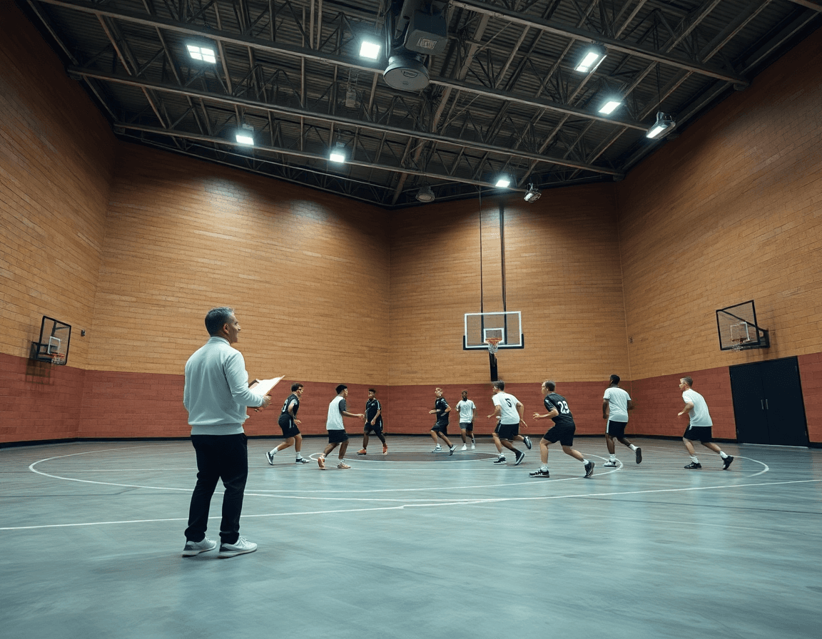 Un entrenador baloncesto dirige una planificación semanal en un gimnasio iluminado y profesional.