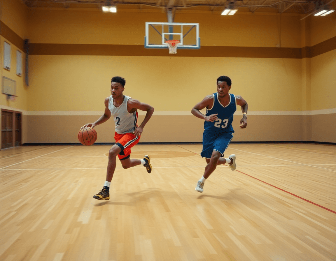 Players running a fast-break drill in practice