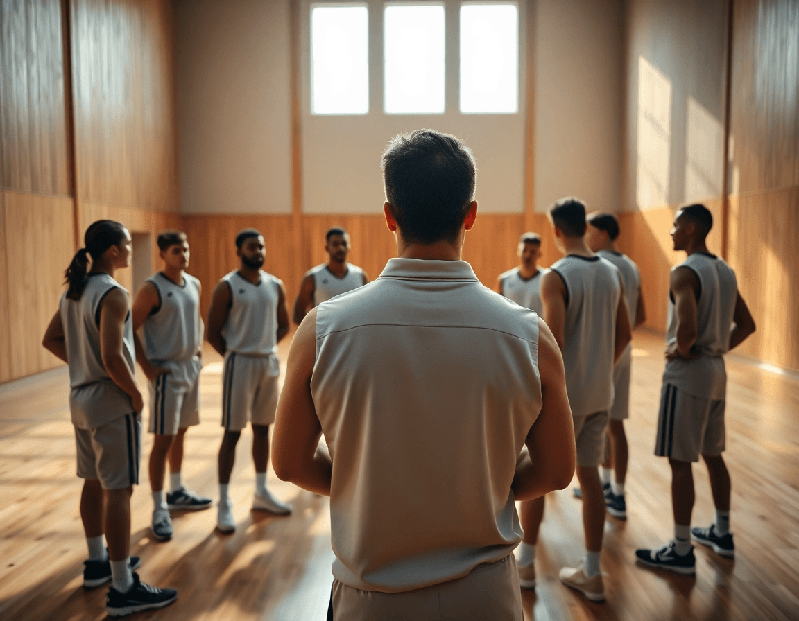 Basketball coach leading a team practice in a gym
