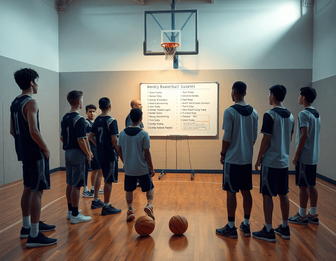 Escena de entrenamiento baloncesto minibasket: entrenador explica metas semanales en pizarra ante jugadores.