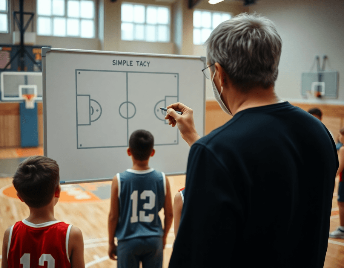 Primer plano de un entrenador dibujando una jugada de entrenamiento baloncesto minibasket en una pizarra táctica.