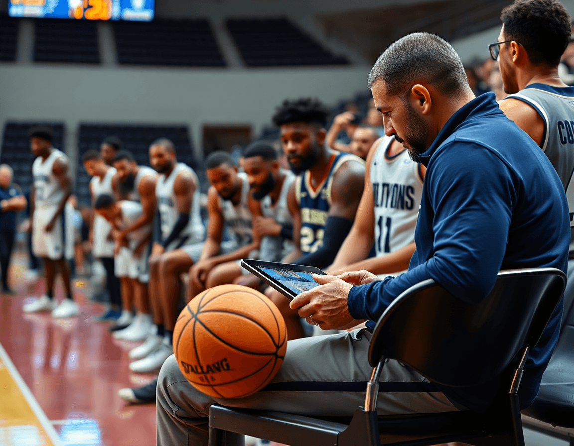 Escena de entrenamiento baloncesto minibasket: entrenador revisa clips de scouting en una tablet frente a jugadores.